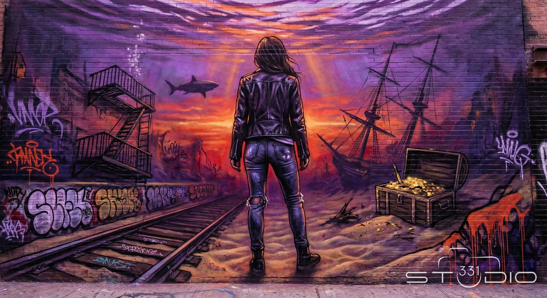 A woman walking away beneath a vivid, grunge-textured underwater street mural
